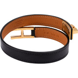 Hermès Gold Tone Black Leather Drag Double Tour Bracelet