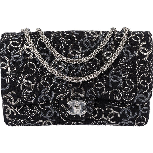 Chanel Sequin Tweed Palladium CC Jumbo Double Flap Crossbody Bag