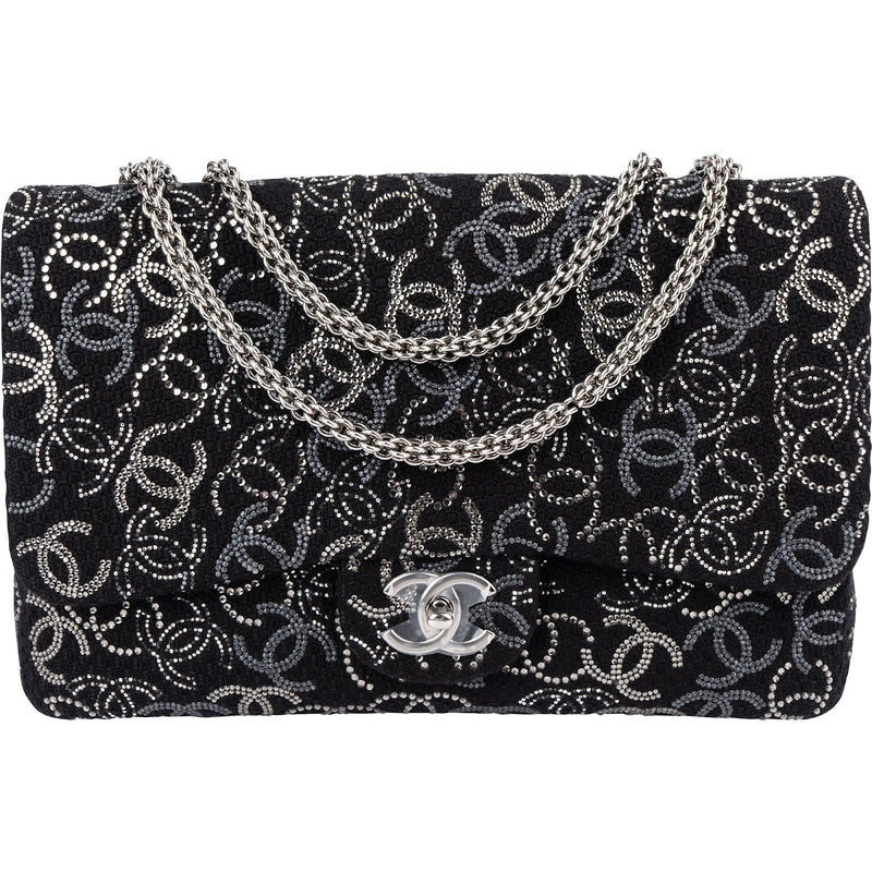 Chanel Sequin Tweed Palladium CC Jumbo Double Flap Crossbody Bag