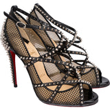 Christian Louboutin Black Leather Alarc Rete Mini Resille Studded Mesh Toe Sandals 100 Heels (35)
