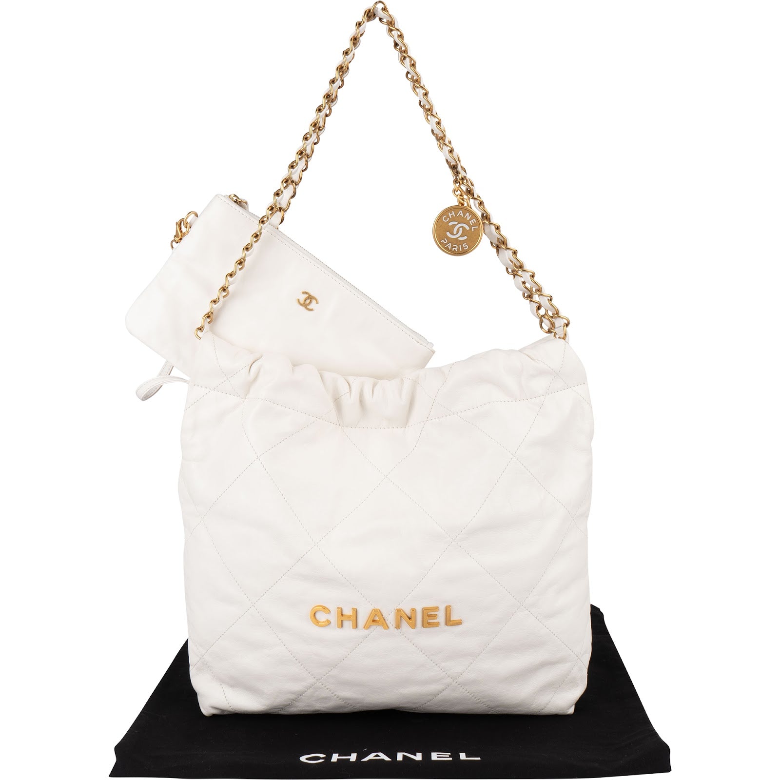 Chanel 22 White Quilted Lambskin Hobo Shoulder Bag - vintageandkickz