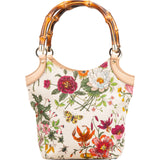 Gucci Floral Print Canvas Bamboo Handle Tote Shoulder Bag
