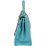 Hermès Taurillon Clemence Leather Gold Kelly 32 Handbag Blue Saint-Cyr