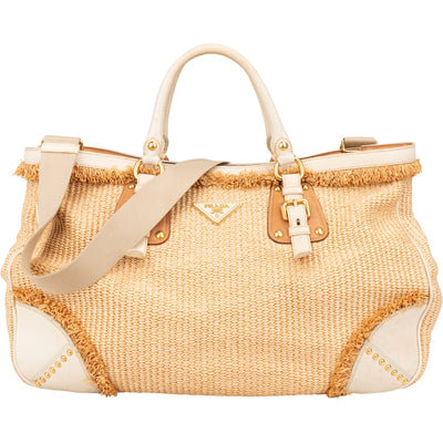 Prada Raffia and Leather Studded Handbag