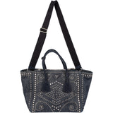 Prada Studded Perforated Denim Suede Handle Shopper Handbag