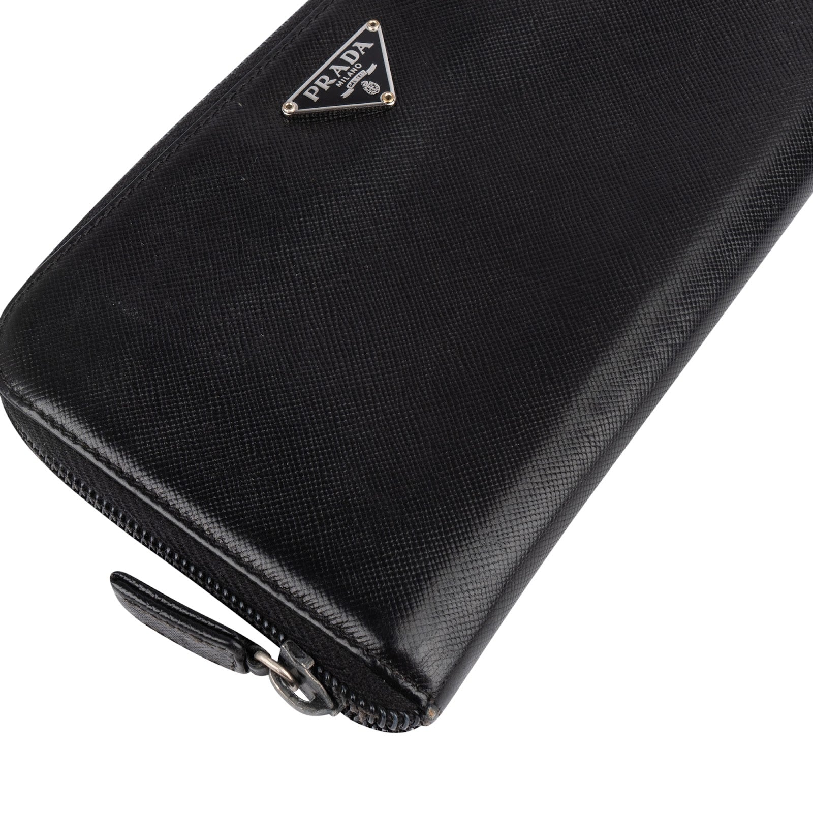 Prada Black Saffiano Leather Triangle Zip Around Wallet - vintageandkickz