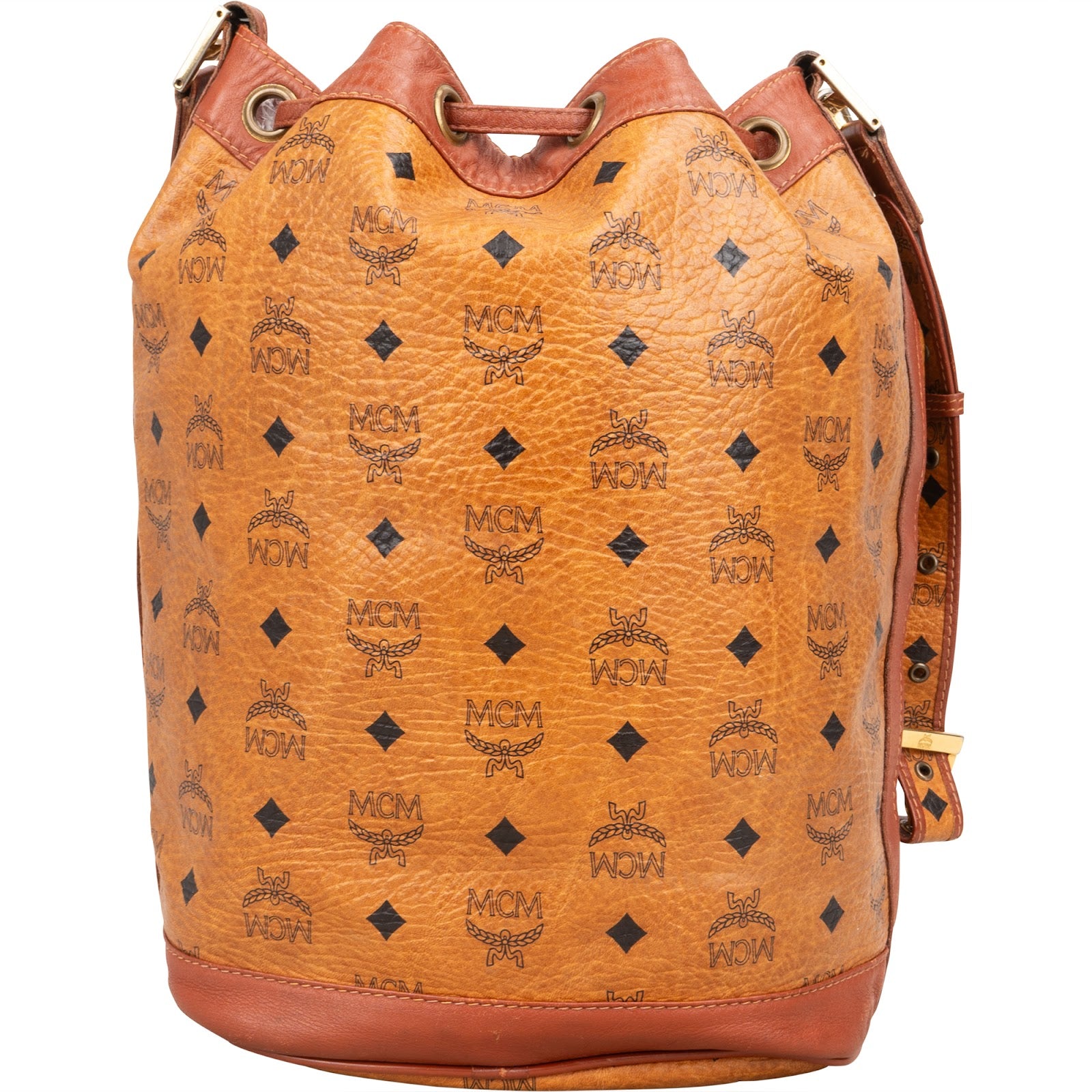 MCM Monogram Visetos Drawstring Bucket Crossbody Bag - vintageandkickz