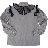 Miu Miu Vertical Striped Cotton Ruffle Longsleeve Blouse (IT36)