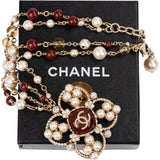 Chanel Double-Strand Gold Pearl Beads Cross Flower Pendant Necklace
