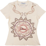 Christian Beige Cotton Embroidered Studded T-Shirt (S-M)