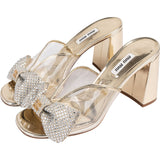Miu Miu Gold Metallic Leather Embellished Bow Plexi Ribbon Mules Pumps (37)