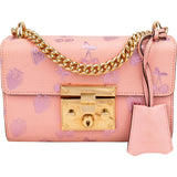 Gucci Pink Leather Glitter Embossed Fruits Small Padlock Crossbody Bag