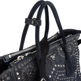 Prada Studded Perforated Denim Suede Handle Shopper Handbag