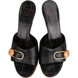 Chanel Black Leather Wooden Platform CC Emblem Mules (36)