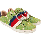 Gucci Green Leather Lace Ace Sneaker Crystal Bow Sneakers (35)