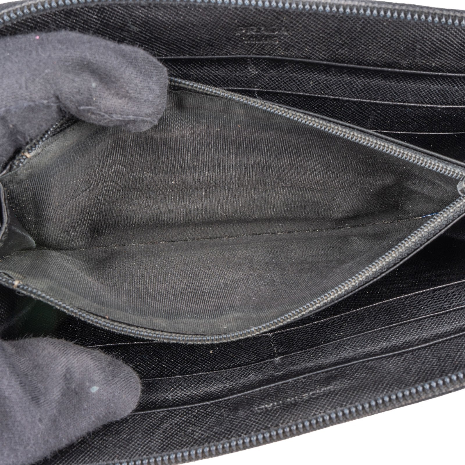 Prada Black Saffiano Leather Triangle Zip Around Wallet - vintageandkickz