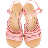 Chanel Pink Leather Woven Stitched Chain CC Strappy Sandals (37)