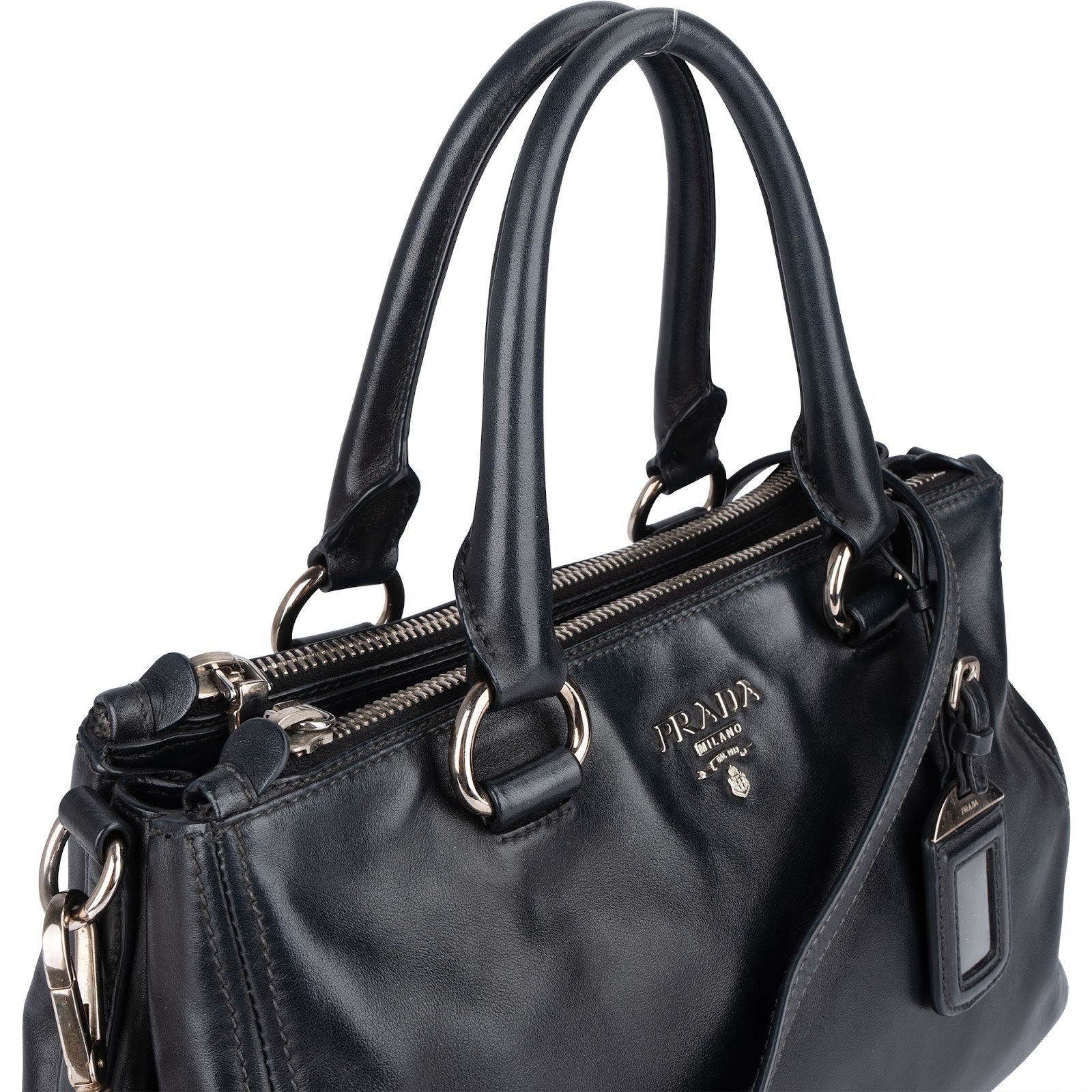 Prada Black Leather Vitello Double Zip Handbag - vintageandkickz