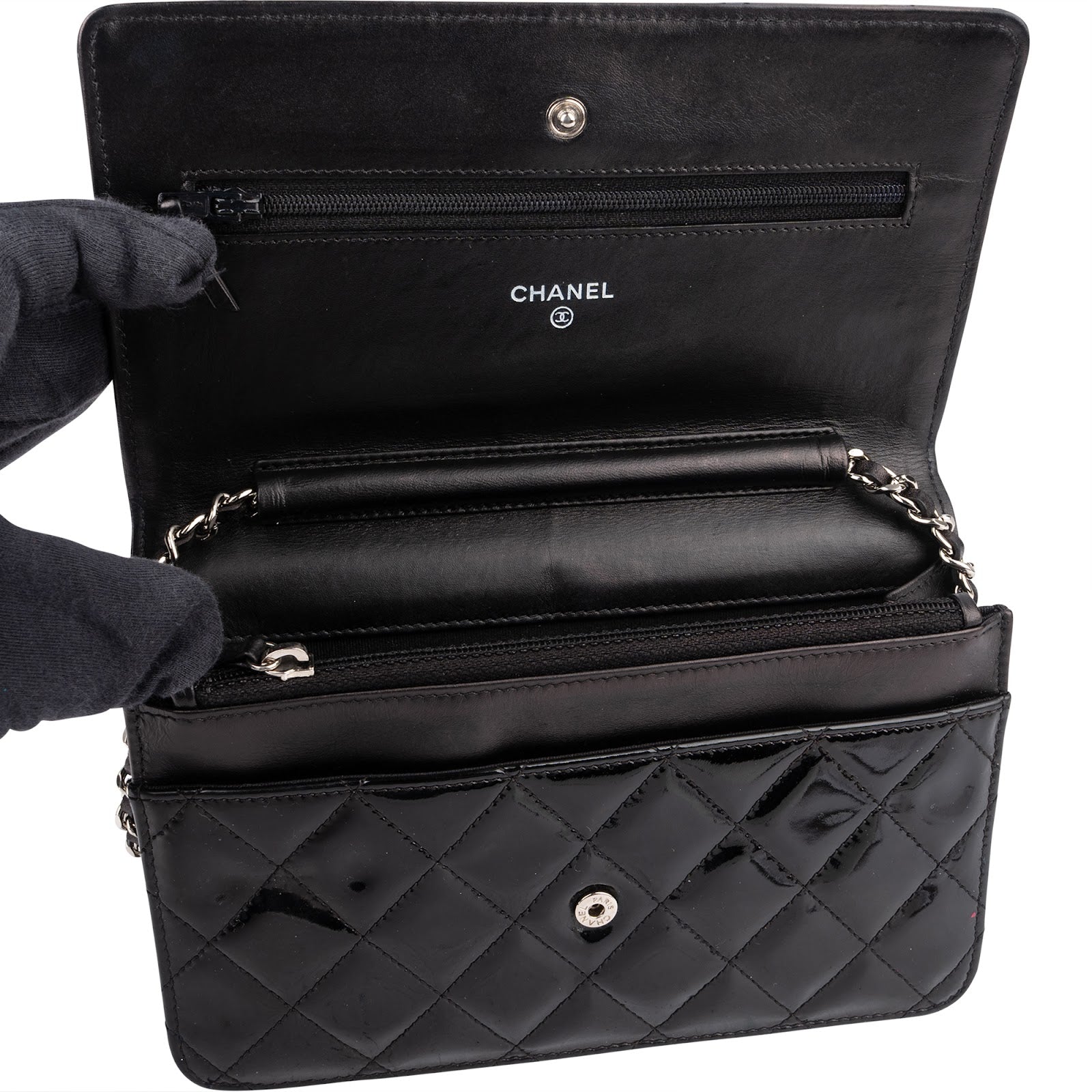 Chanel Quilted Patent Leather Wallet On Chain Crossbody Bag - vintageandkickz