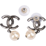 Chanel Silver CC Pearl Drop Earrings