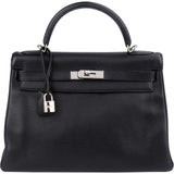 Hermès Noir Clemence Leather Palladium Kelly 32 Handbag