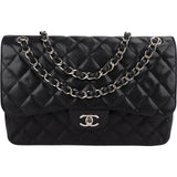 Chanel Quilted Caviar Leather Palladium Jumbo Double Flap Crossbody Bag