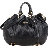Miu Miu Black Vitello Lux Leather Gathered Satchel Hobo Handbag