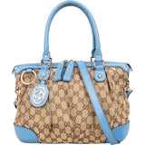 [🔄️B07 / F44] Gucci Blue Leather GG Canvas Sukey Medium Handbag - vintageandkickz