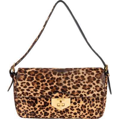 Prada Cavallino Hair Animal Print Leopard Double Flap Shoulder Bag