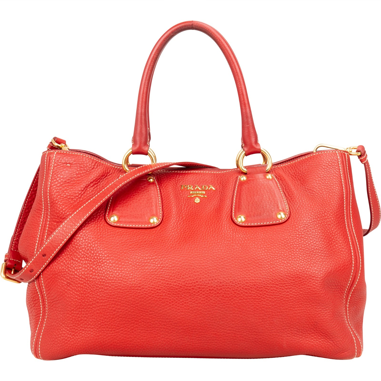 Prada Grained Red Vitello Daino Tote Handbag - vintageandkickz