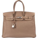 Hermès Etoupe Clemence Leather Palladium Birkin 35 Handbag