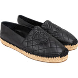 Chanel Black Leather Quilted Lambskin Espadrilles Shoes (40)