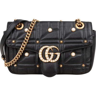 Gucci Quilted Leather GG Marmont Pearly Studs Shoulder Crossbody Bag