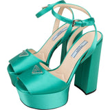 Prada Turquoise Satin Platform Block Sandals Heels (34,5)