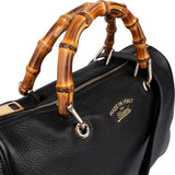 Gucci Black Grained Leather Bamboo Top Handle Boston Handbag