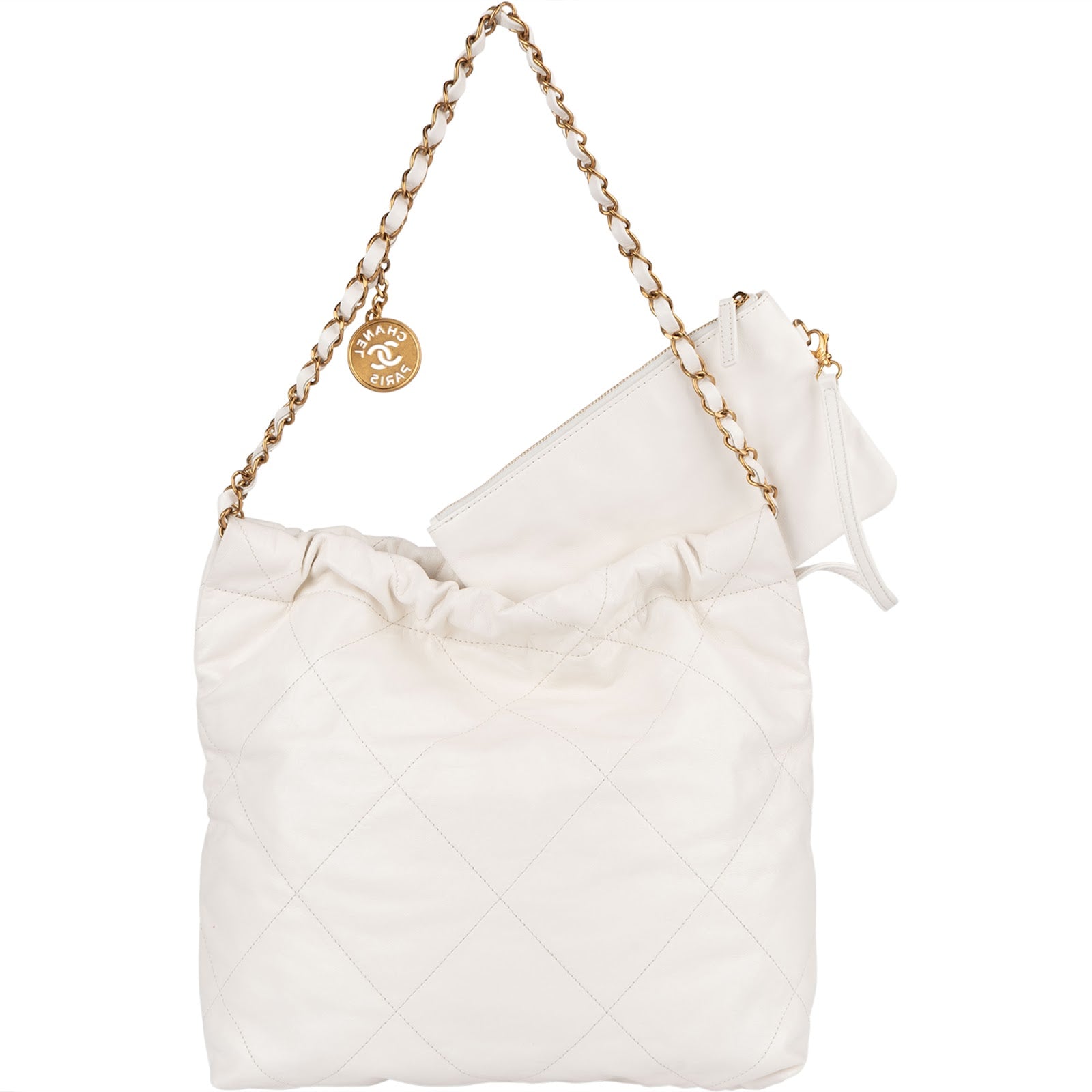 Chanel 22 White Quilted Lambskin Hobo Shoulder Bag - vintageandkickz
