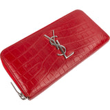 Yves Saint Laurent Croc-Embossed Leather Monogram Zip Around Wallet