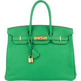 Hermès Vert Bamboo Taurillon Clemence Gold Birkin 35 Handbag