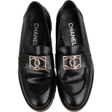 Chanel Black Brushed Leather CC Platform Loafers (38)