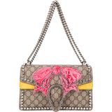 Gucci Monogram GG Supreme Canvas Suede Crystal Embellished Velvet Ribbon Dionysus Shoulder Bag
