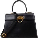 Salvatore Ferragamo Black Leather Calfskin Gancini Top Handle Handbag