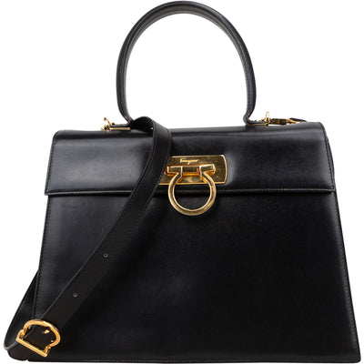 Salvatore Ferragamo Black Leather Calfskin Gancini Top Handle Handbag