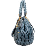 Miu Miu Blue Leather Vitello Lux Pleated Handbag