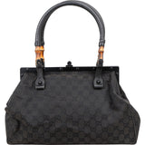 Gucci Black GG Monogram Bamboo Top Handle Frame Handbag