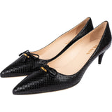 Prada Black Leather Snakeskin Embossed Bow Kitten Heels Pumps (38)