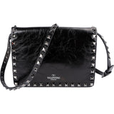 Valentino Garavani Black Line Crinkled Shine Leather Rockstud Flap Crossbody Bag