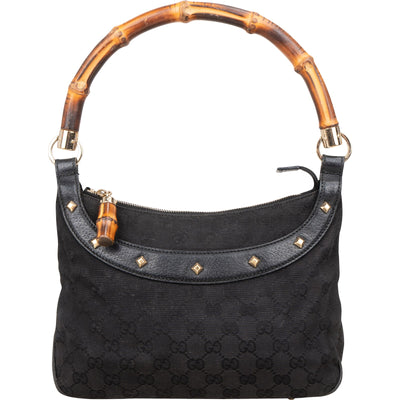 [🔄️B09 / F15] Gucci Monogram Black GG Canvas Bamboo Studded Hobo Handbag - vintageandkickz