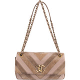 Chanel Suede Leather Chevron Patchwork Single Flap Shoulder Bag