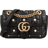 Gucci Monogram Quilted Leather GG Marmont Pearl Studded Shoulder Crossbody Bag