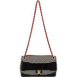 Chanel Striped Cotton Leather Single Flap Crossbody Bag